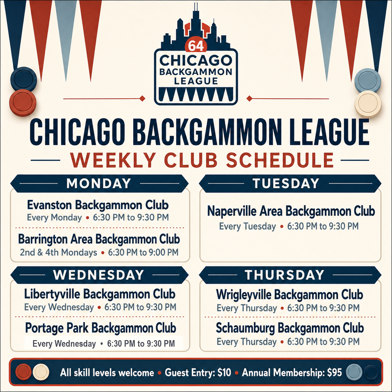 Final Chicago Backgammon League weekly schedule graphic